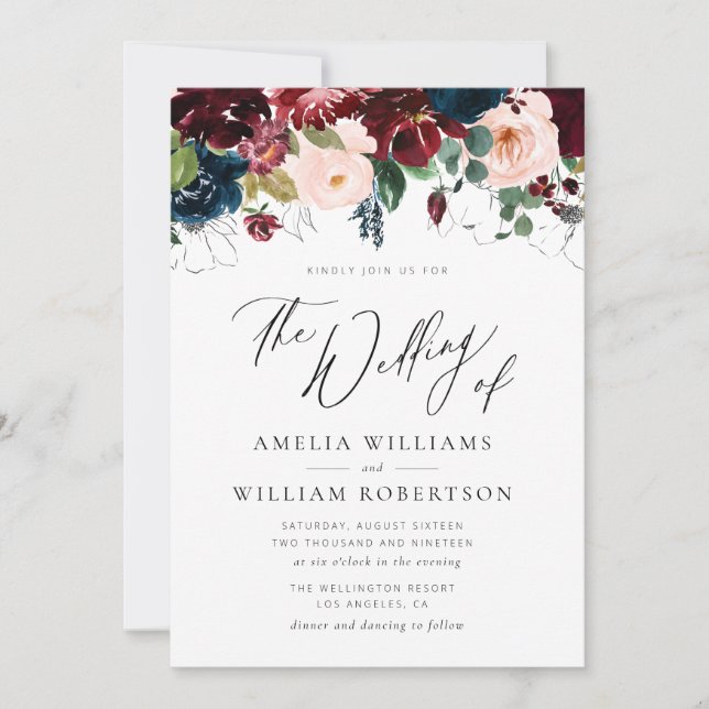 elegant script burgundy navy wedding invitation (Front)