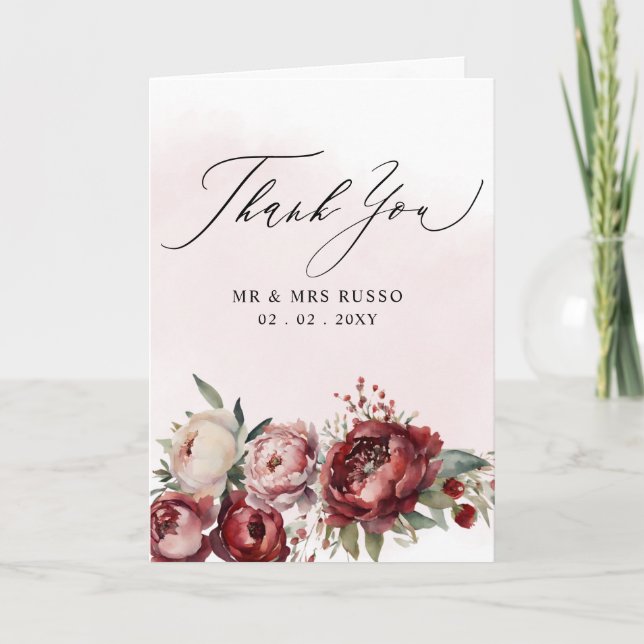 Elegant Script Burgundy Pink Blush Floral Photo Thank You Card (Front)
