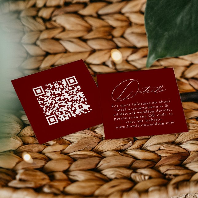 Elegant Script Burgundy QR Code Wedding Details Enclosure Card (Creator Uploaded)