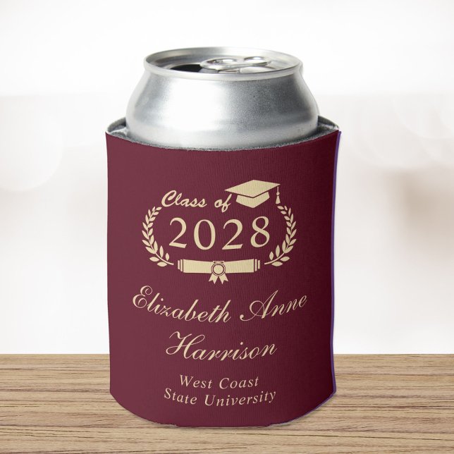 Elegant Script Burgundy Red Gold Graduation Can Cooler (Creator Uploaded)