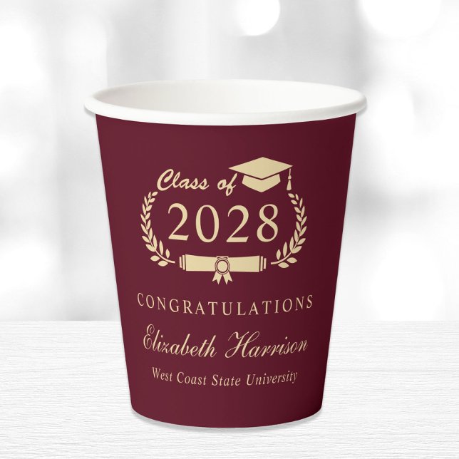 Elegant Script Burgundy Red Gold Graduation Paper Cups (Creator Uploaded)
