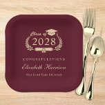 Elegant Script Burgundy Red Gold Graduation Paper Plate<br><div class="desc">Elegant burgundy red graduation party paper plates featuring "Class of" in a light gold illustration of laurel wreath incorporating a grad cap and diploma,  the graduate's name in a stylish gold script,  and "Congratulations" and their school name in modern gold typography.</div>