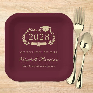 Elegant Script Burgundy Red Gold Graduation Paper Plate