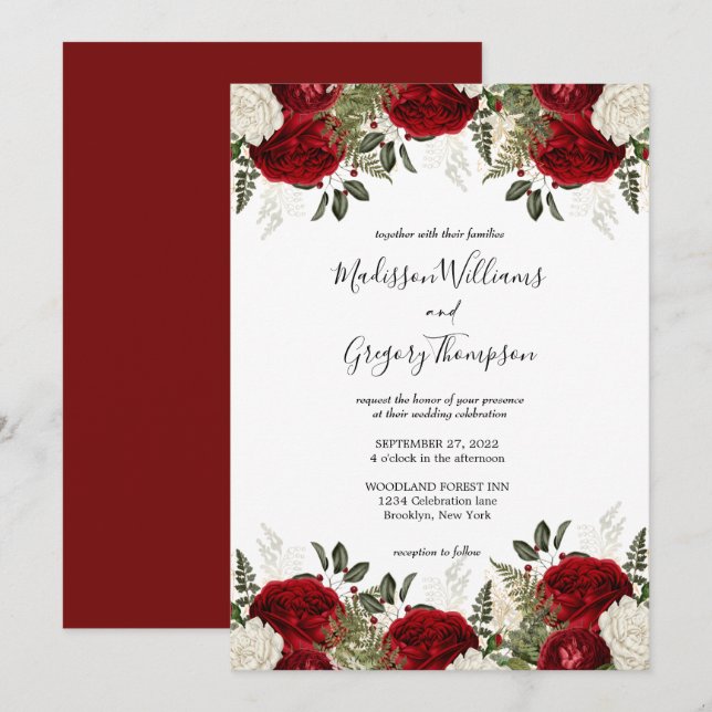 Elegant Script Burgundy Red Rose Vintage Wedding Invitation (Front/Back)