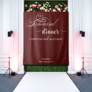 Elegant Script Burgundy Rehearsal Dinner Backdrop Tapestry