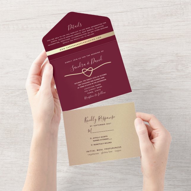 Elegant Script Burgundy Wedding All In One Invitation (Tearaway)