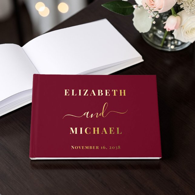Elegant Script Burgundy Wedding Guest Book (Elegant Script Burgundy Wedding Foil Guest Book)