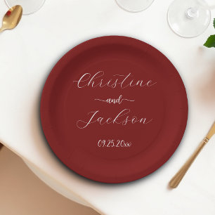Elegant Script Burgundy Wedding Paper Plate