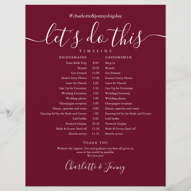Elegant Script Burgundy Wedding Schedule Timeline (Front)