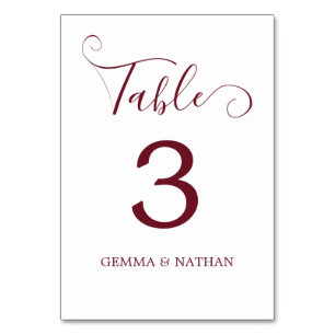 Elegant Script Burgundy Wedding Table Number Card