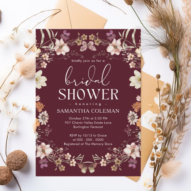 Elegant Script Burgundy Wildflower Bridal Shower Invitation (Creator Uploaded)