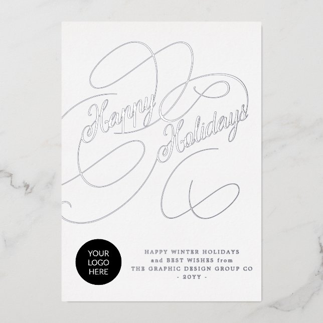 Elegant script business corporate custom logo foil holiday card (Front)