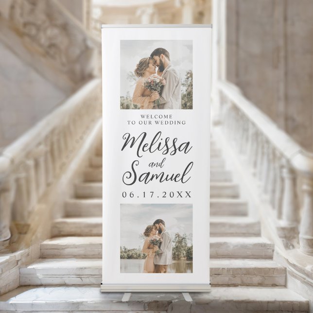 Elegant Script Calligraphy 2 Photo Wedding Welcome Retractable Banner (Creator Uploaded)