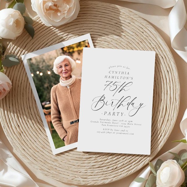 Elegant Script Calligraphy 75th Birthday Photo  Invitation (Creator Uploaded)