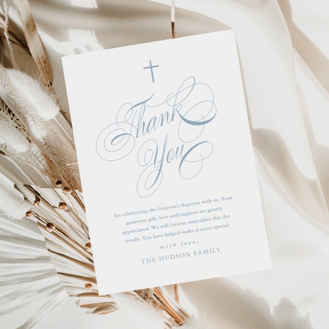 Elegant Script Calligraphy Dusty Blue Boys Baptism Thank You Card (Elegant calligraphy dusty blue boys baptism thank you card.)