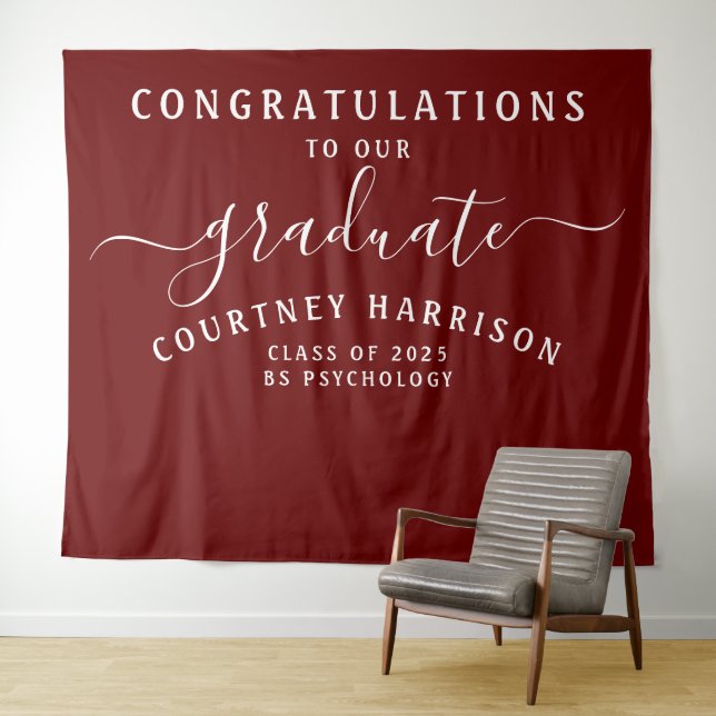 Elegant Script Calligraphy Graduation | Maroon Tapestry (In Situ (Horizontal))