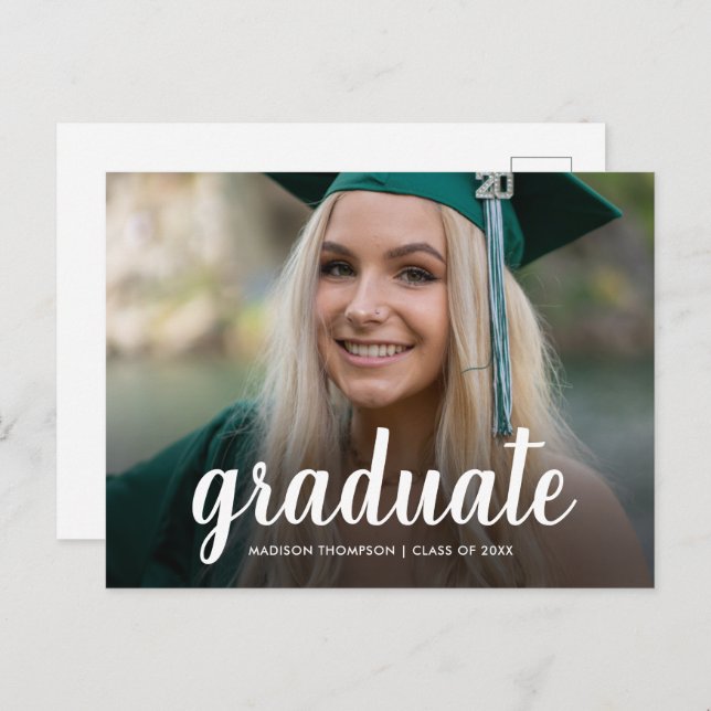 Elegant Script Calligraphy Graduation Photo Announcement Postcard (Front/Back)