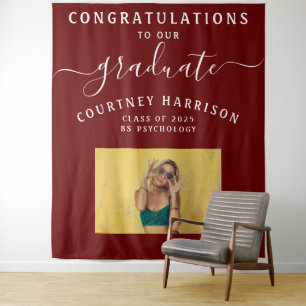 Elegant Script Calligraphy Graduation Photo Maroon Tapestry
