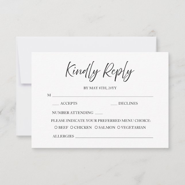 Elegant Script Calligraphy Minimal White Wedding RSVP Card (Front)