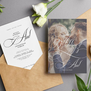 Elegant script calligraphy photo wedding invitation