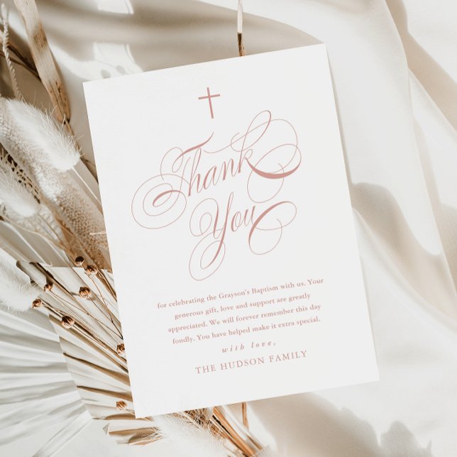 Elegant Script Calligraphy Pink Girls Baptism Thank You Card (Elegant calligraphy dusty pink girls baptism thank you card.)