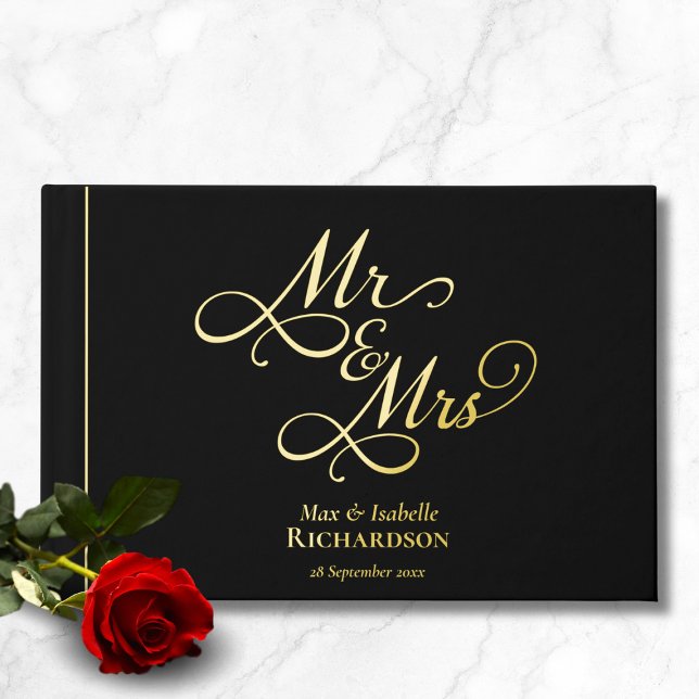 Elegant Script Calligraphy Wedding Gold Guest Book (Classic romantic minimalist black and gold foil wedding guest book custom names and wedding date)