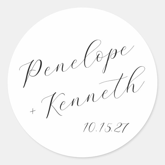 Elegant Script Calligraphy White Wedding Custom  Classic Round Sticker (Front)