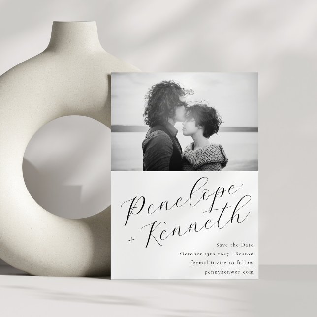 Elegant Script Calligraphy White Wedding Photo Save The Date (Creator Uploaded)