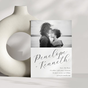 Elegant Script Calligraphy White Wedding Photo Save The Date