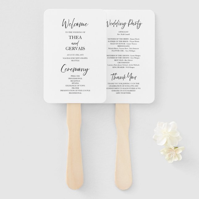 Elegant Script Calligraphy White Wedding Program Hand Fan (Front and Back)