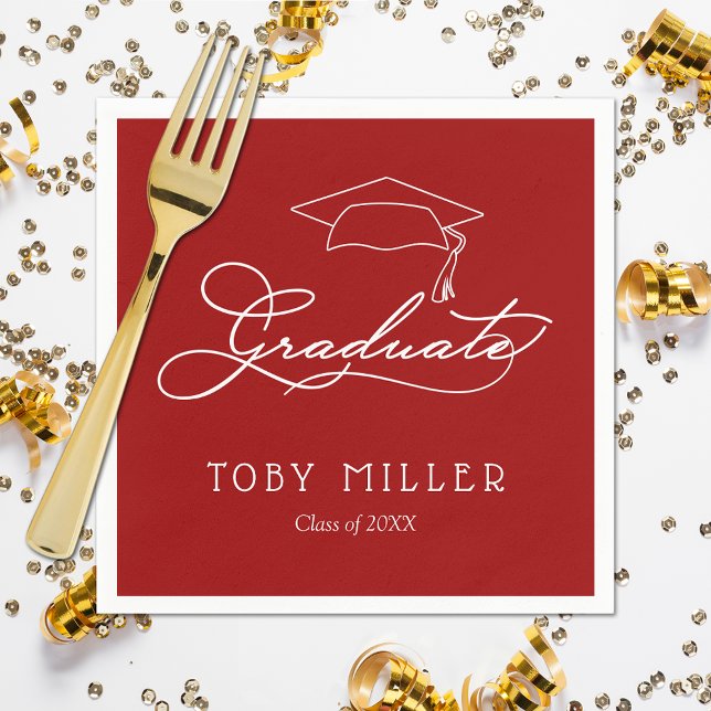 Elegant Script Cardinal Red Graduation Napkin (White script grad cap on cardinal red personalized graduation napkins, paper plates in our store)