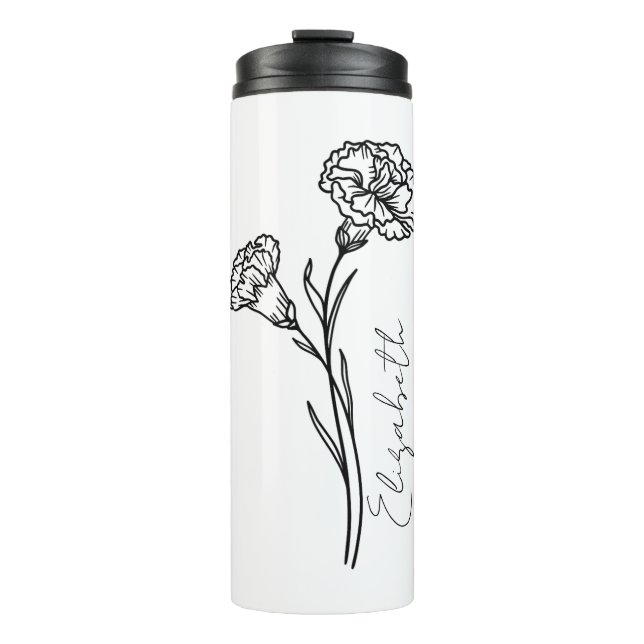 Elegant Script Carnation January Birth Flower Name Thermal Tumbler (Front)