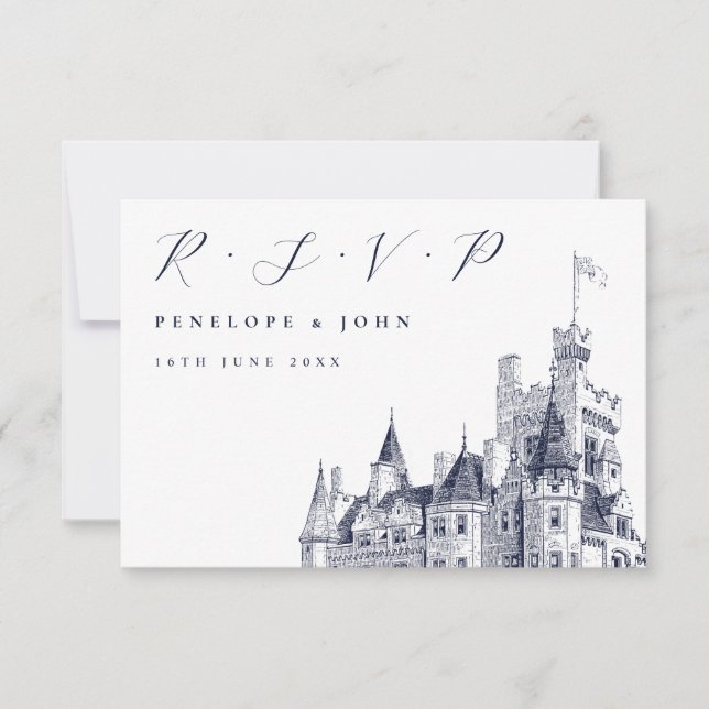 Elegant Script Castle Illustration Wedding RSVP Card (Front)