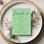 Elegant Script Celadon Green Wedding Menu Card<br><div class="desc">Elegant Script Celadon Green Wedding Menu Card, with a stylish set script for the header Menu. Easily personalise the rest of the text to your own details which includes alternatives for your vegan or vegetarian options. You can also change text styles and colours as well as the background colours via...</div>