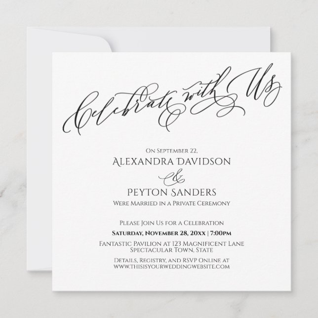 Elegant Script Celebrate with Us Black & White Invitation (Front)