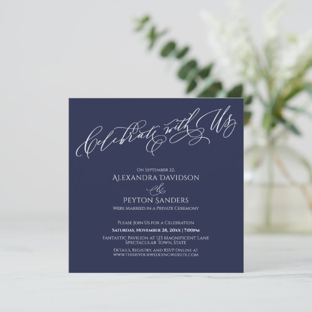 Elegant Script Celebrate with Us Navy Blue Invitation (Standing Front)