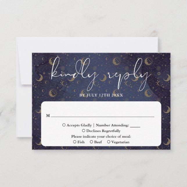 Elegant Script Celestial Mystical Wedding RSVP Card (Front)