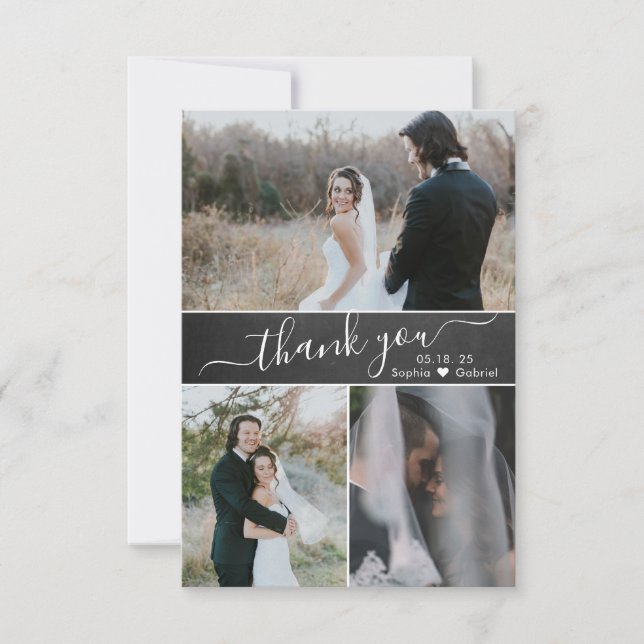 Elegant Script Chalkboard Wedding Photo Collage  Thank You Card (Front)