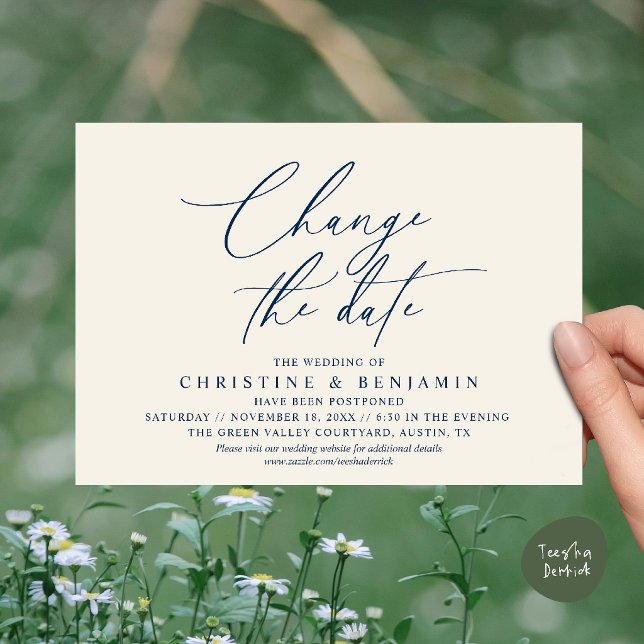Elegant Script Change the Date Wedding Postpone  Invitation (Elegant Script Change the Date Wedding Postponement Invitation Card in Navy Blue Ivory)