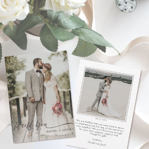 Elegant Script Charcoal Overlay 2-Photo Wedding Thank You Card