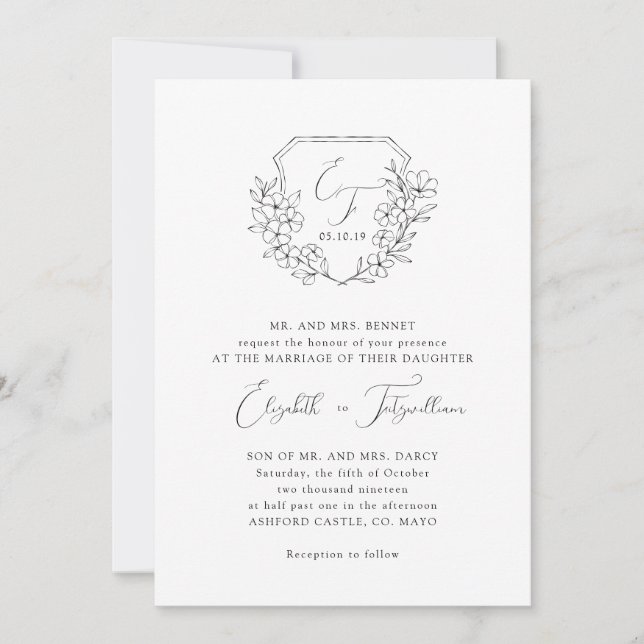 Elegant Script Cherry Blossom Monogram Crest Invitation (Front)