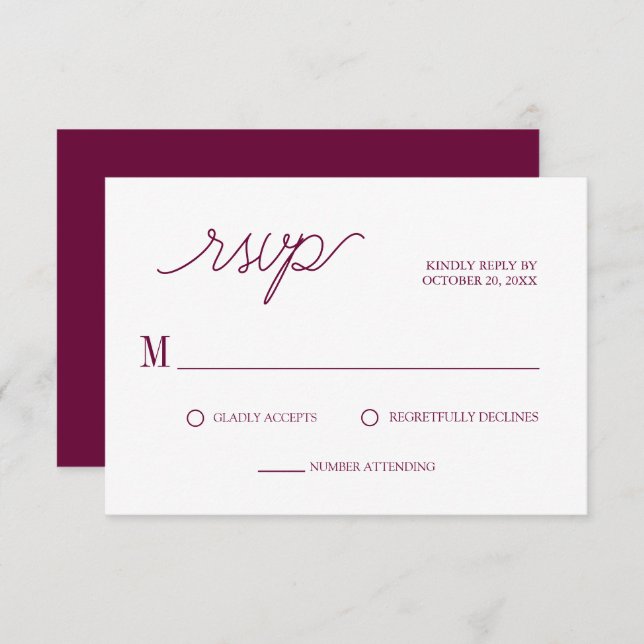 Elegant Script Chic Burgundy Minimal Wedding RSVP Card (Front/Back)