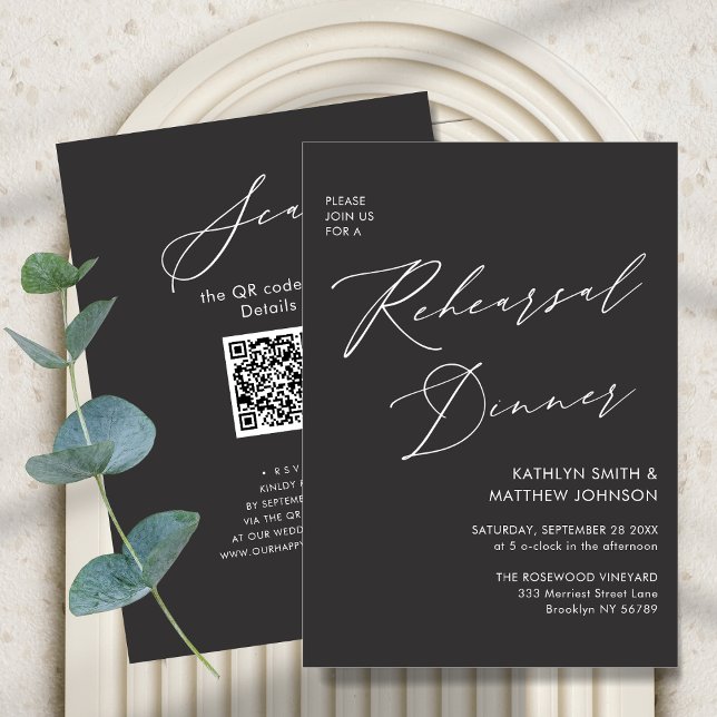 Elegant Script Chic Grey Rehearsal Dinner QR code Invitation (Creator Uploaded)