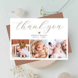 Elegant Script Chic Mocha Three Photo Baby Shower Thank You Card