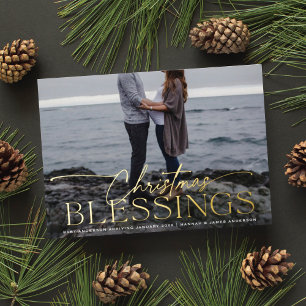 Elegant Script Christmas Blessings Pregnancy Foil Holiday Card