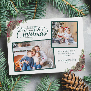 Elegant Script Christmas Botanical 2 Photo Green Holiday Card