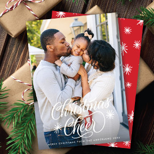 Elegant Script Christmas Cheer + Snowflakes Photo Holiday Card