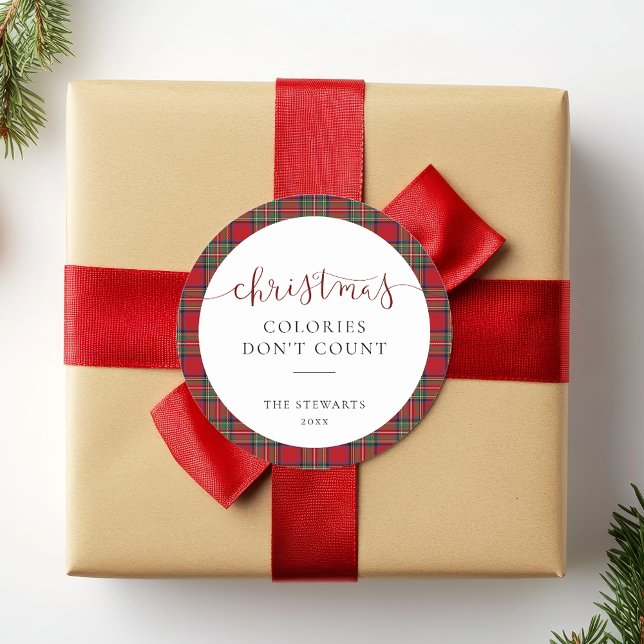 Elegant Script Christmas Colories Plaid Tartan Classic Round Sticker (Christmas Colories Don't Count Stewart Tartan Round Sticker)