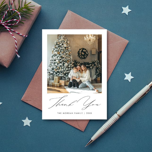 Elegant Script Christmas Family Photo Thank You Card (Creator Uploaded)