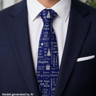 Elegant Script Christmas Font Collage Navy Silver Tie